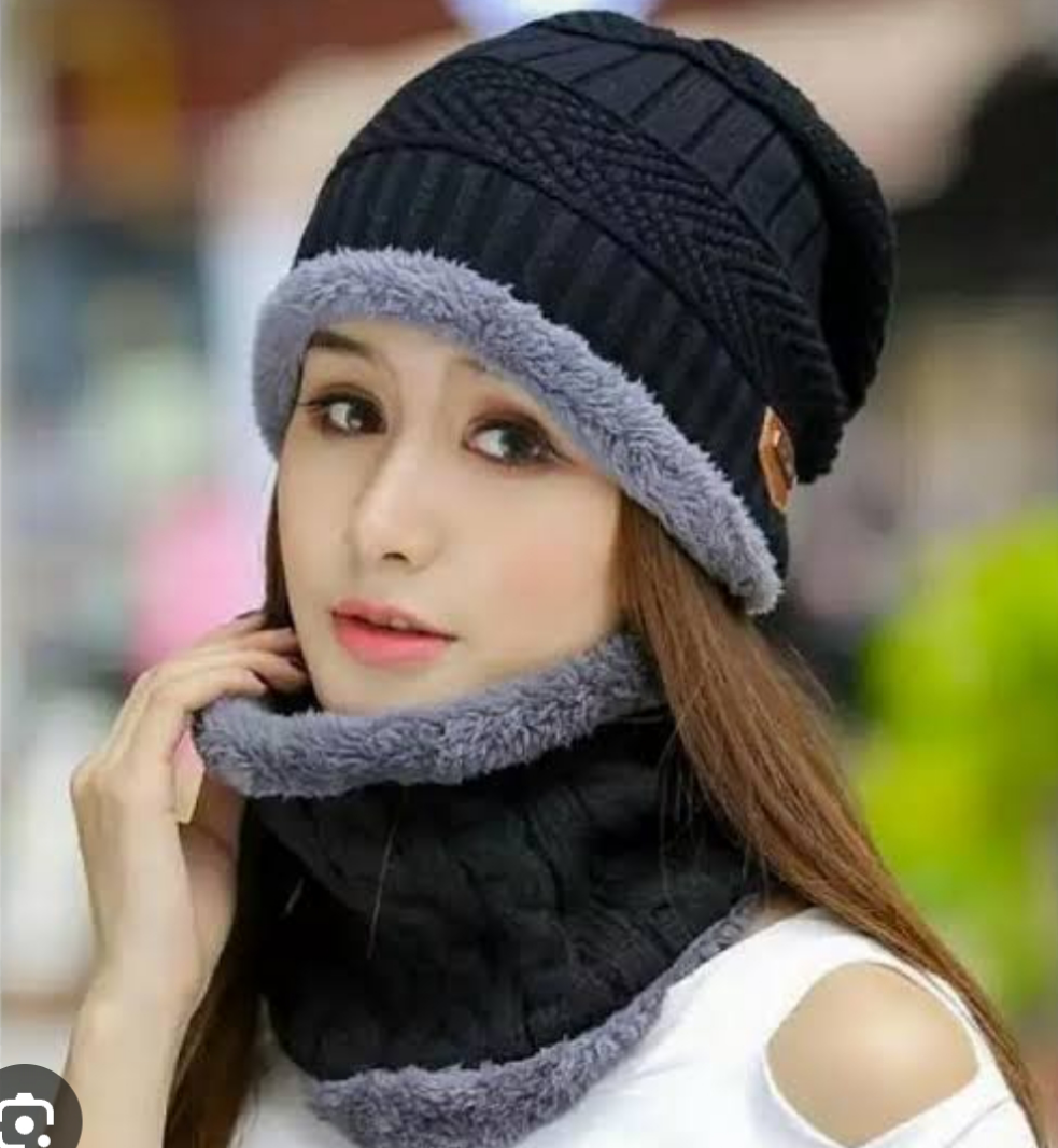 Winter Woolen Cap Topi Bannie With Neck Warmer Scarf Mufler 2 pc set