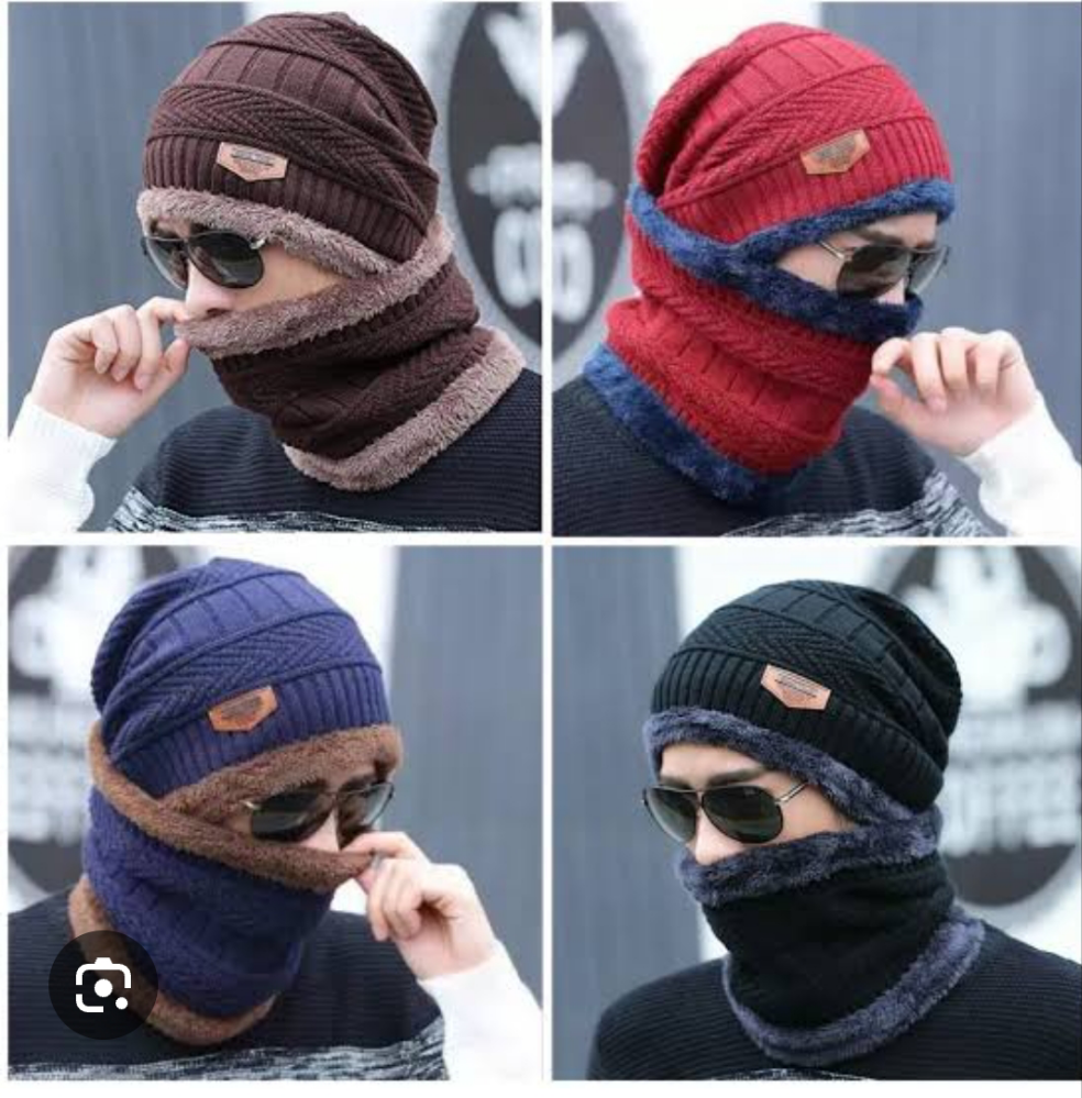 Winter Woolen Cap Topi Bannie With Neck Warmer Scarf Mufler 2 pc set