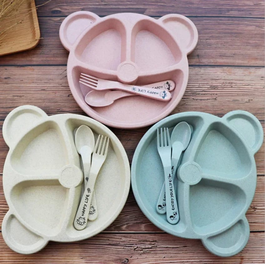 Silicone Baby Tableware plates set .with 3 portion with portable fork spoon