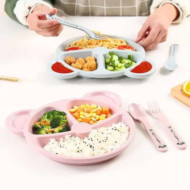 Silicone Baby Tableware plates set .with 3 portion with portable fork spoon